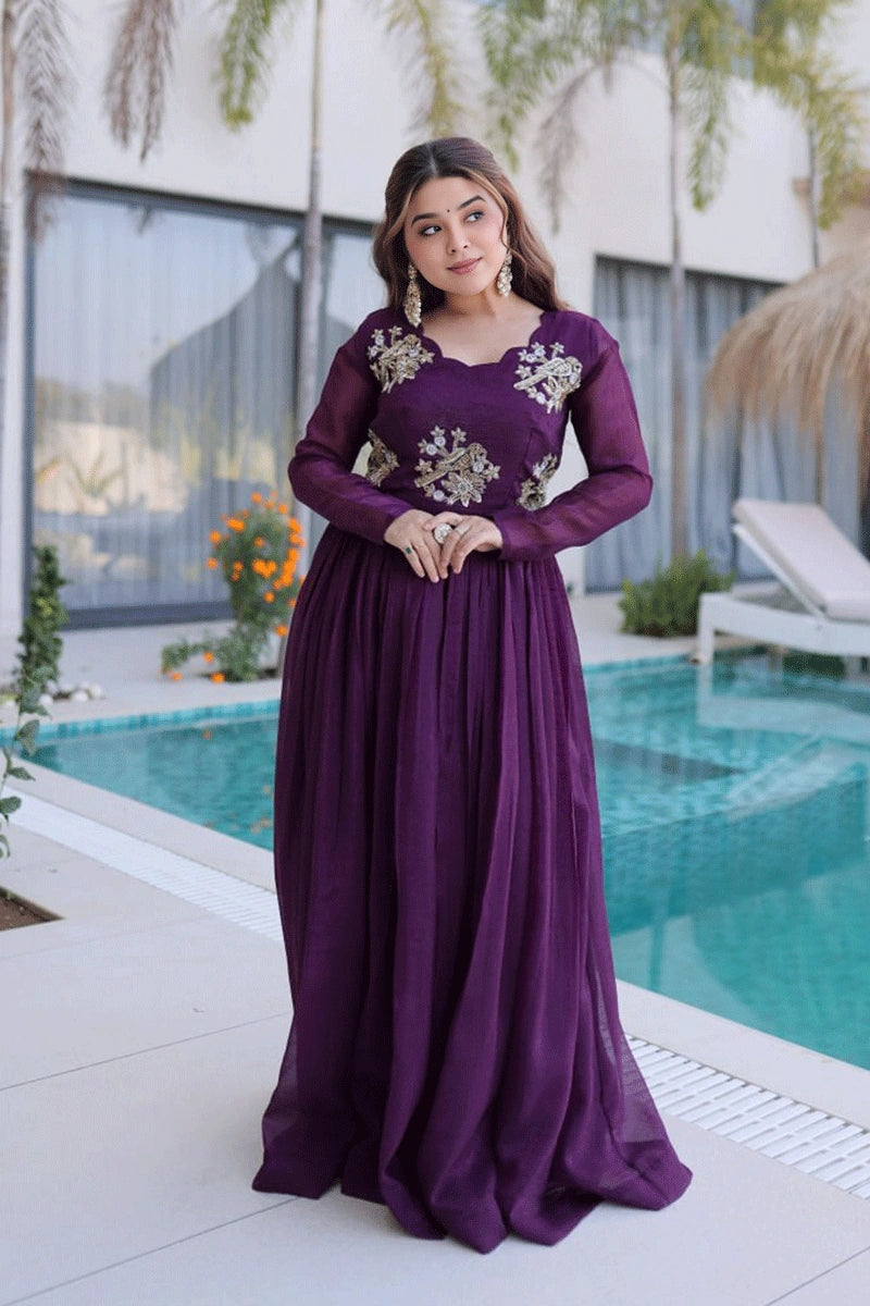 purple embroidery gown for girls
