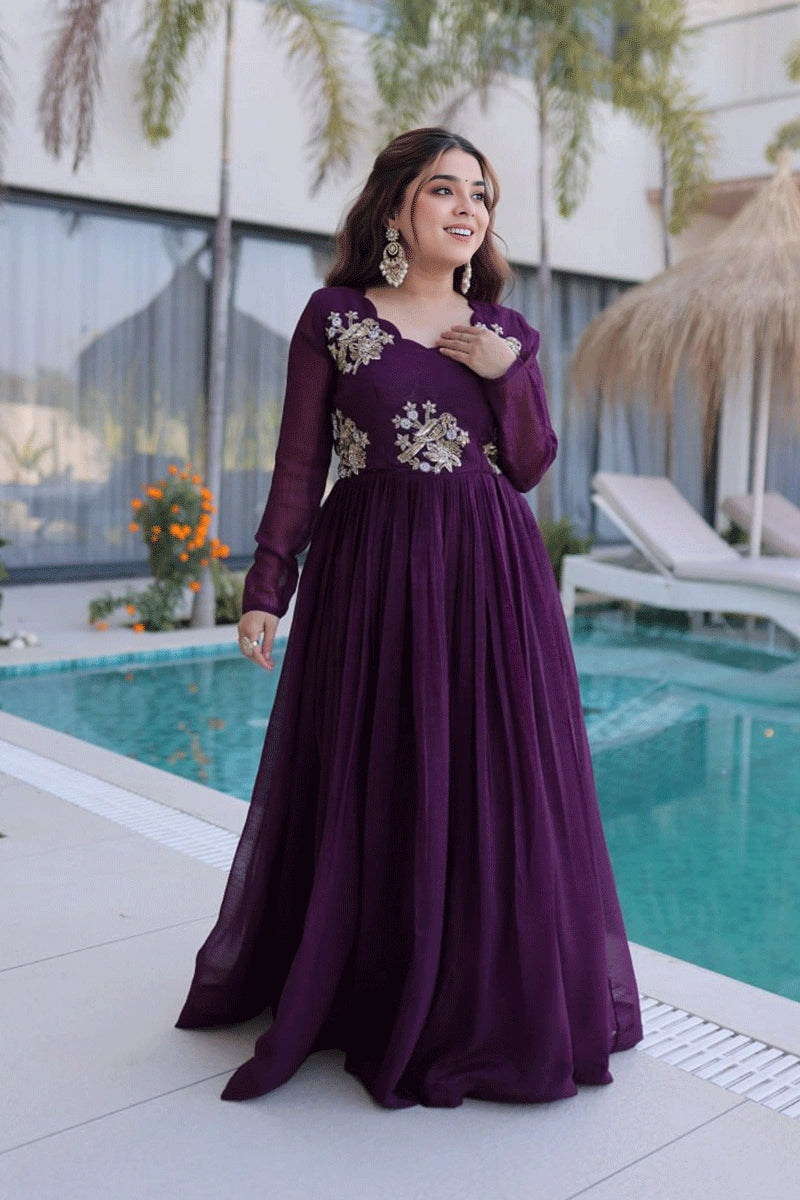 purple long sleeves gown