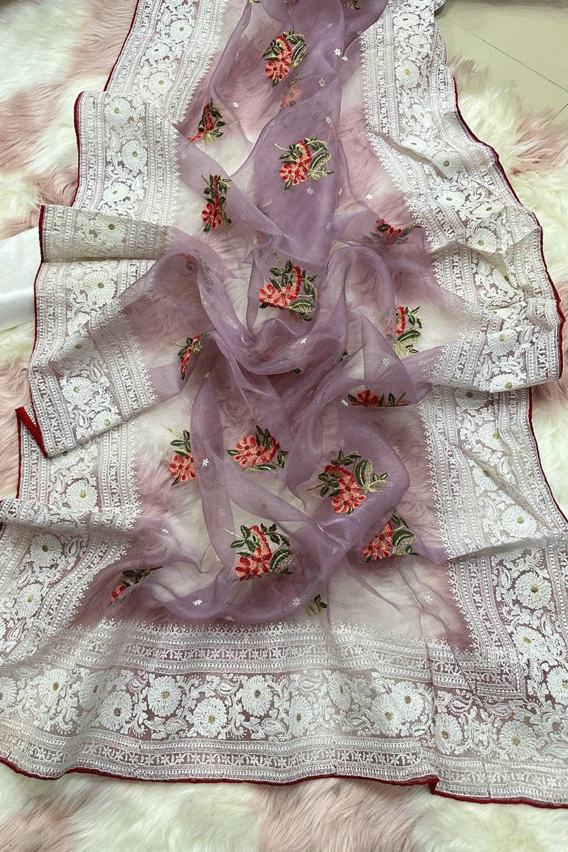purple organza saree