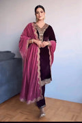 purple velvet suit with pink dupatta 