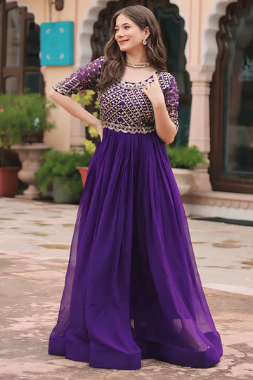 Embroidery Zari Work In Purple Colour Long Gown For Women Embroidery Zari Work In Purple Colour Long Gown For Women