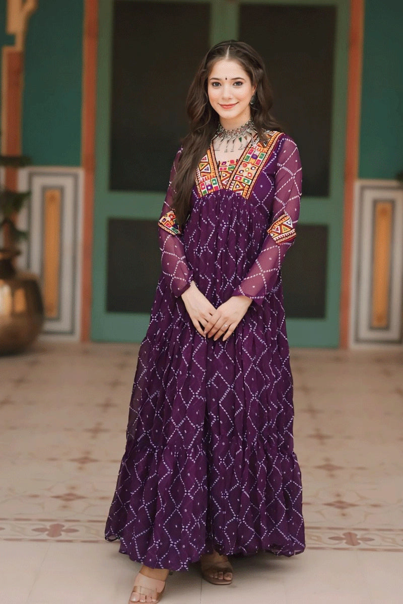 purple long sleeve bandhani gown