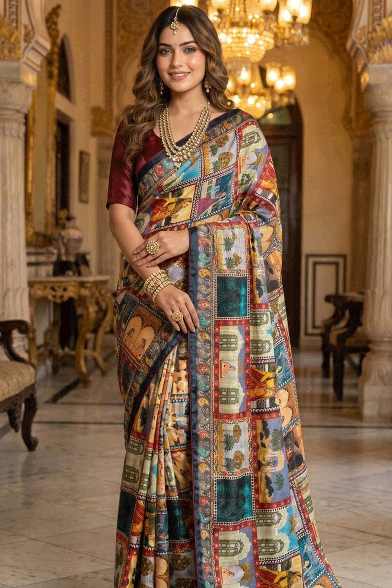 rajwadi print mirror work saree