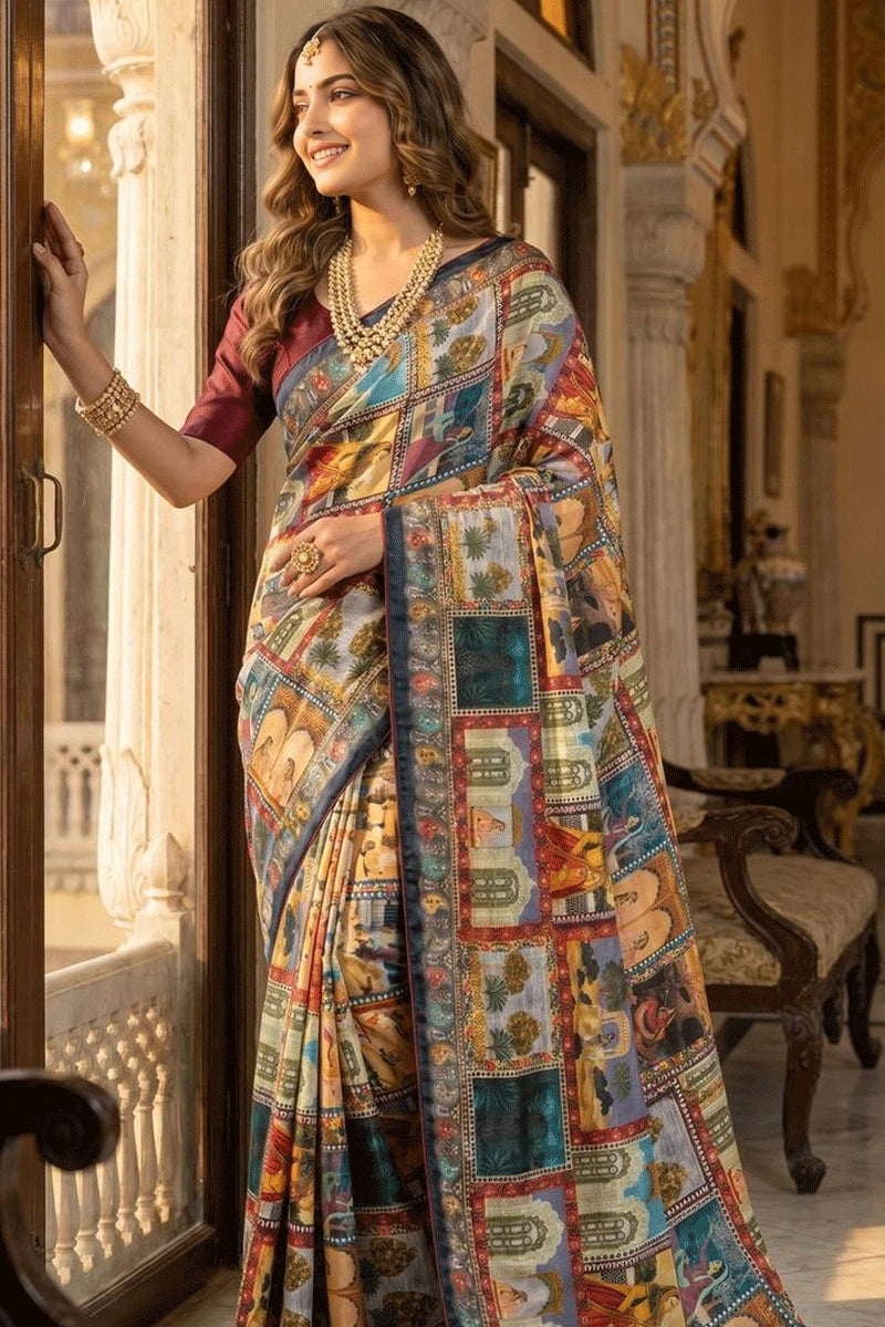 rajwadi print saree with mirror work