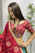 rani pink blouse with multi colour lehenga 