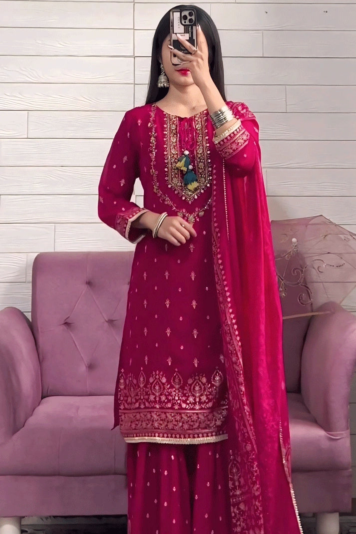 Sarara Rani Color Rani Pink Chinon Silk Sharara Suit for Girls | Embroidery Work Suit