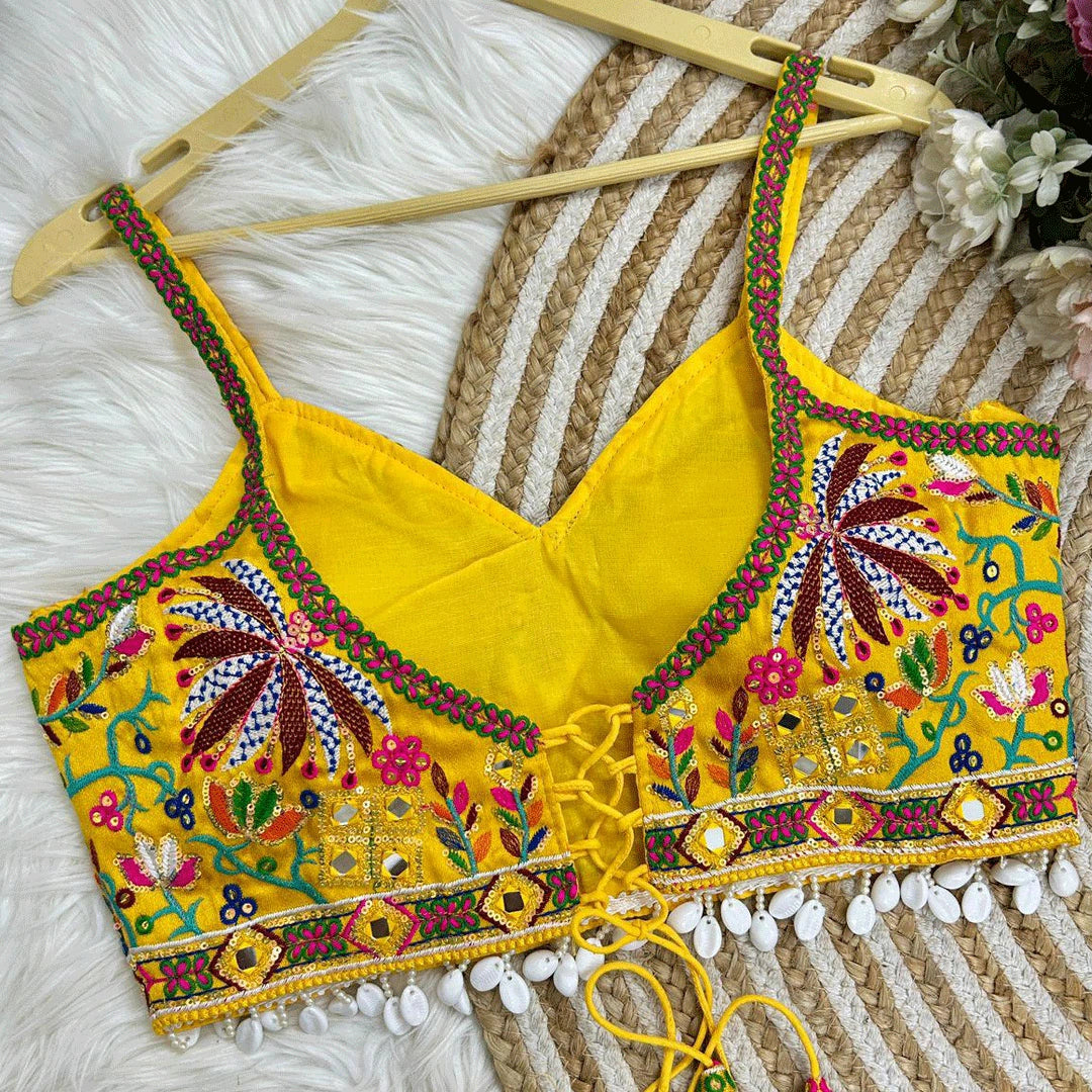 yellow gamthi work blouse for garba