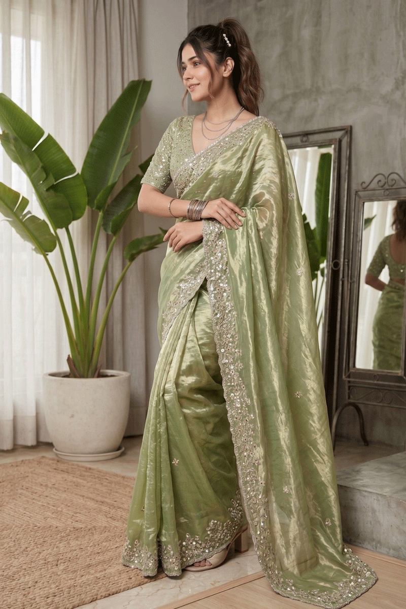 fully stitched pista color saree
