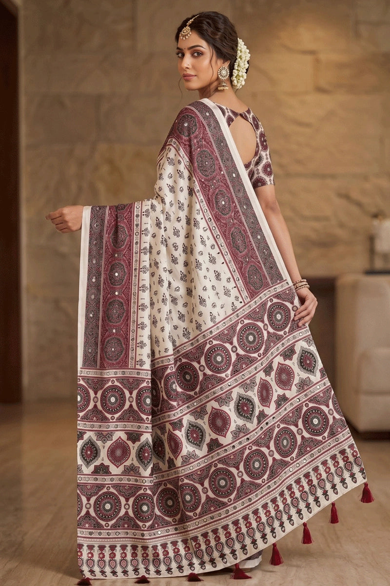 traditional silk mirror work saree