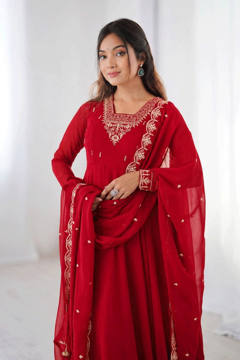 latest red color long anarkali suit for karwa chauth