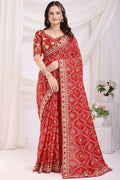 red bandhani print saree