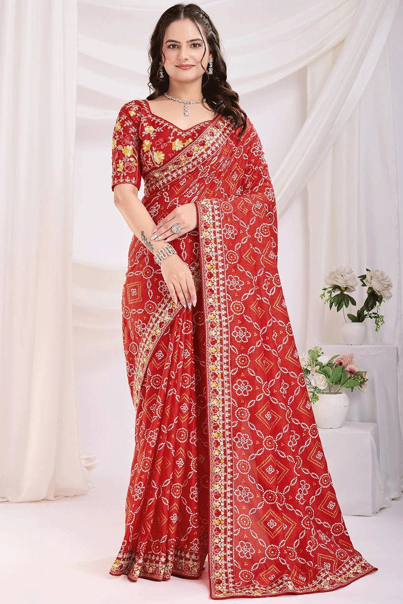 red bandhani print saree