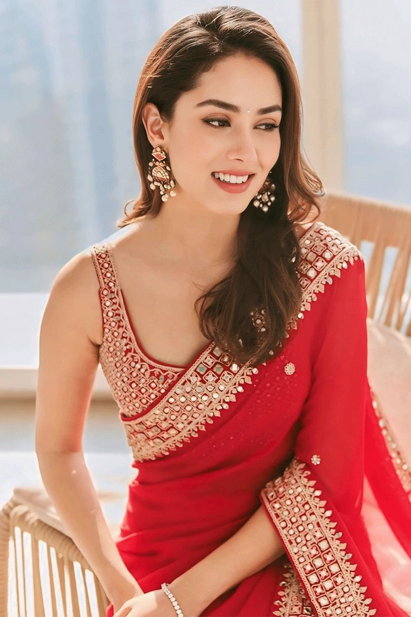 Red Color With Heavy Border Saree For Wedding - Main Image