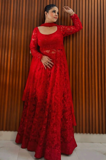 Net Fabric Long Red Colour Gown For Wedding - Main Image