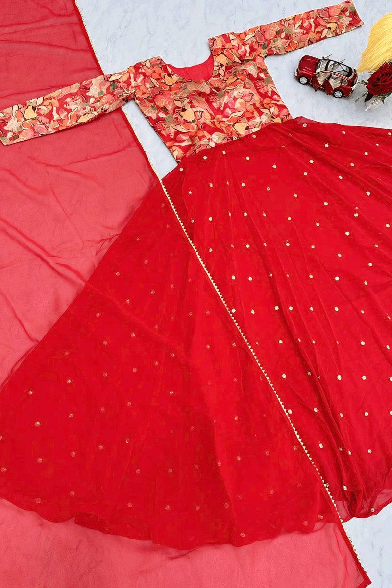 red gown with net dupatta