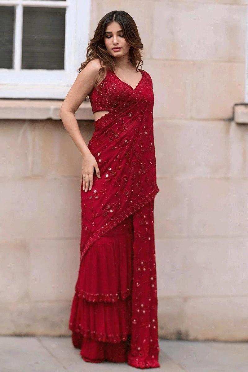 real_mirror_work_red_color_saree for farewell