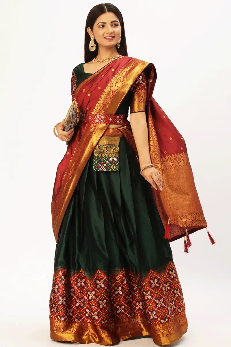 red and green half saree look 2024