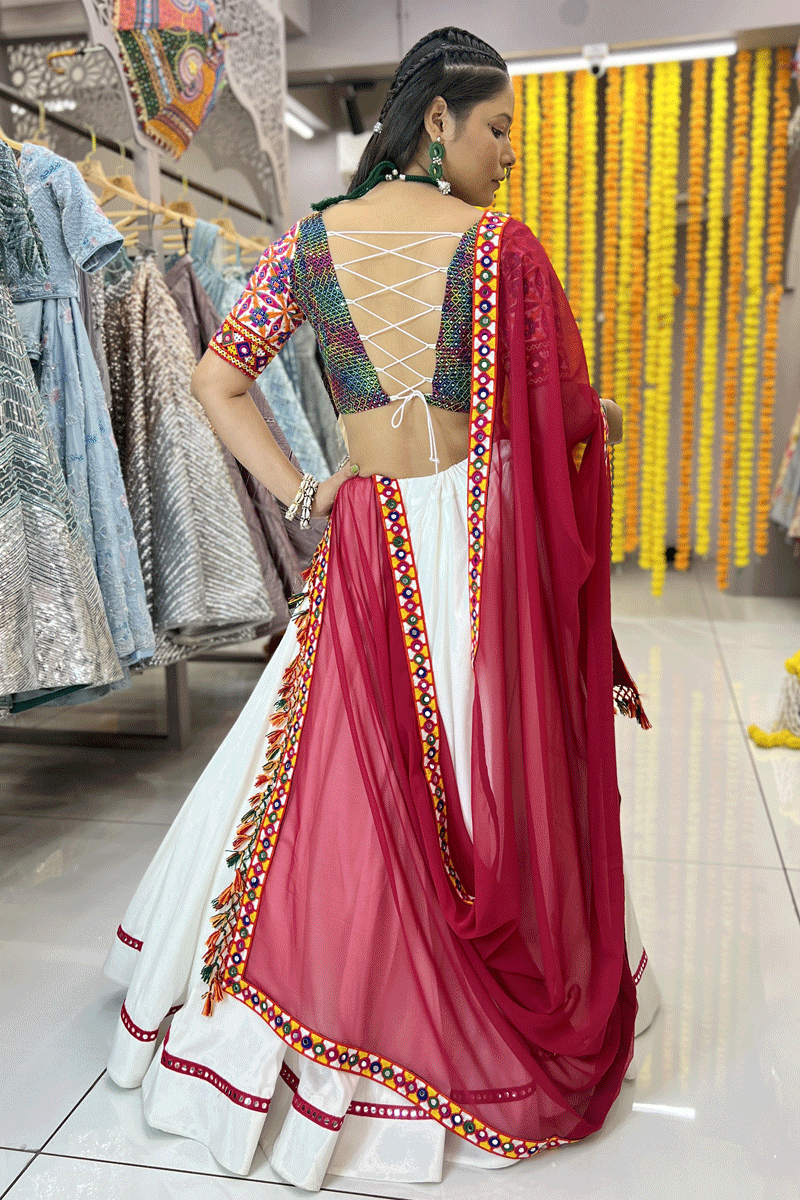 white lehenga with red dupatta