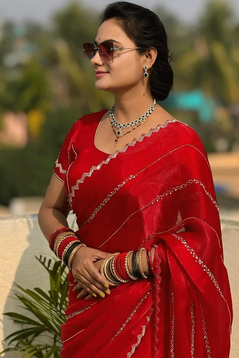 Chiffon Red Silk Saree with Silve Border for Karwa Chauth