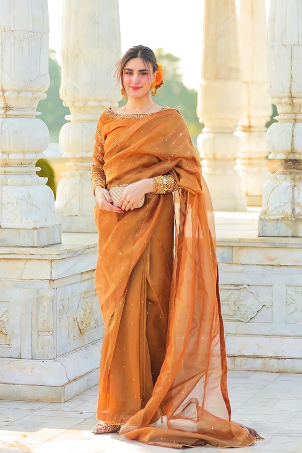 Indian wedding guest look in saree 2021 orange - Anaya Designer Studio