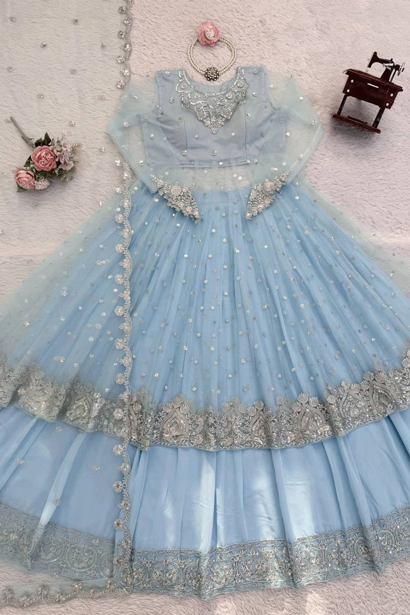sky blue fully stitched gown with lehenga