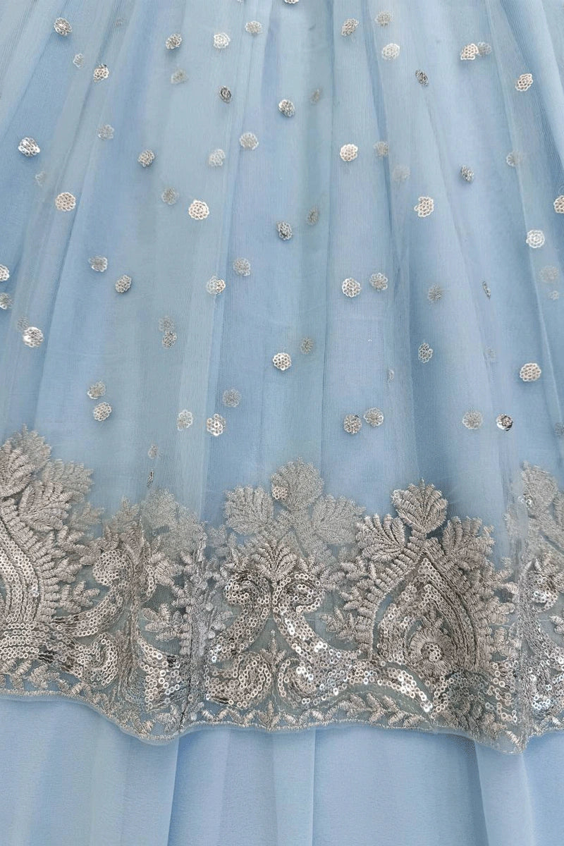 sky blue fully stitched gown with lehenga for wedding 