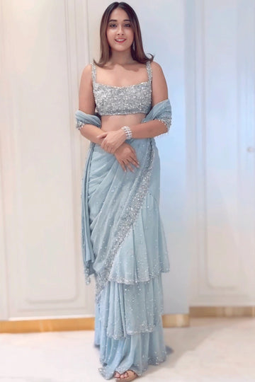 sky blue lehenga saree