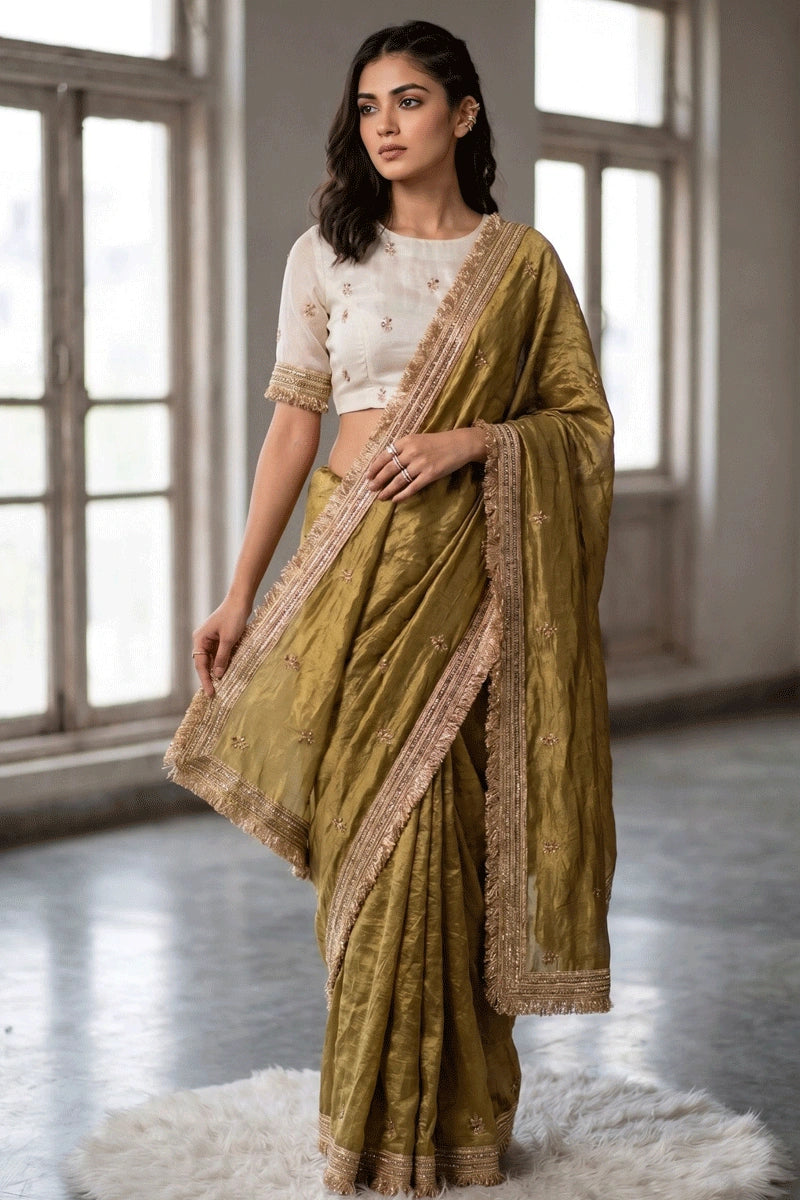 gold satin silk saree for wedding guest