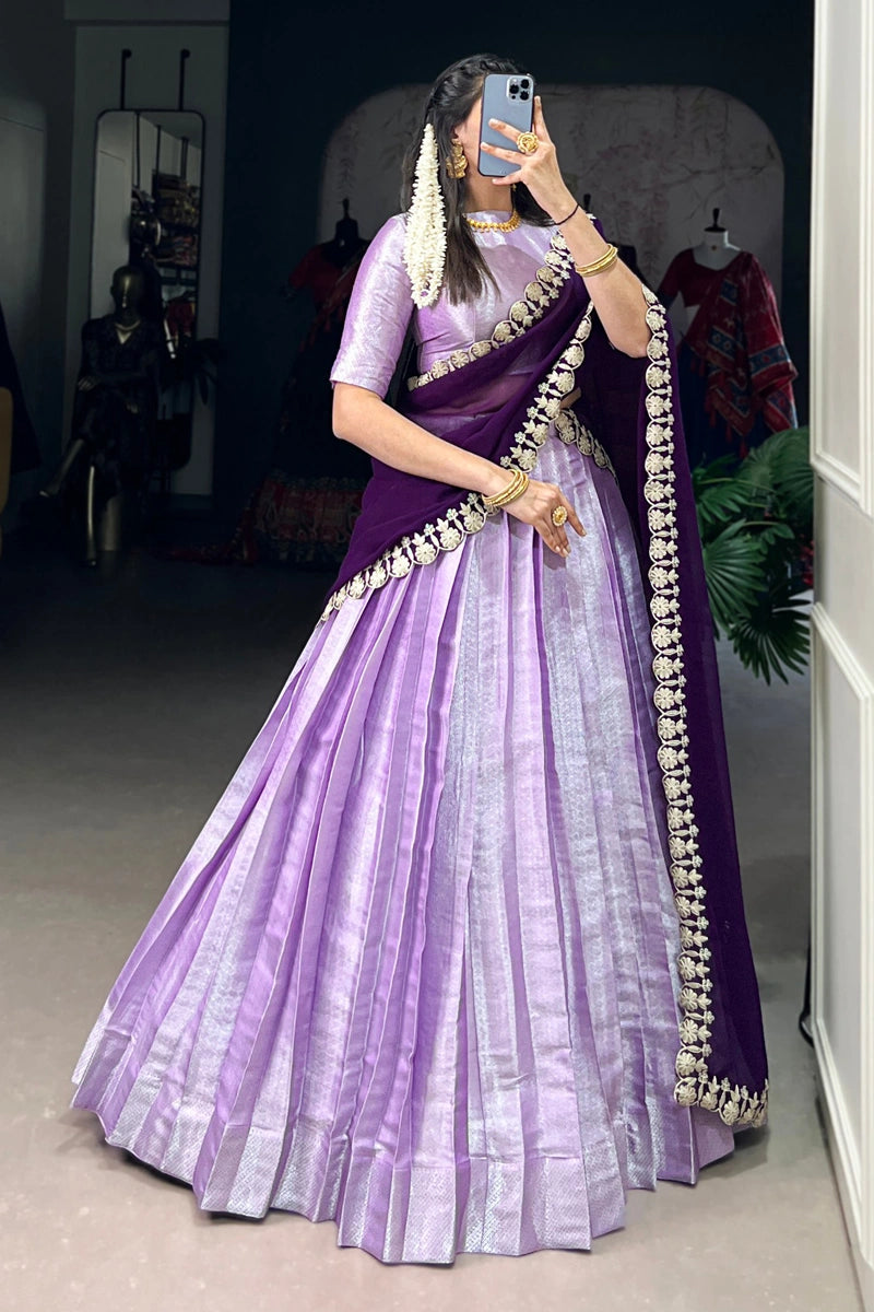 Jacquard Silk Lavender Colour South Indian Style Half Lehenga Saree Jacquard Silk Lavender Colour South Indian Style Half Lehenga Saree