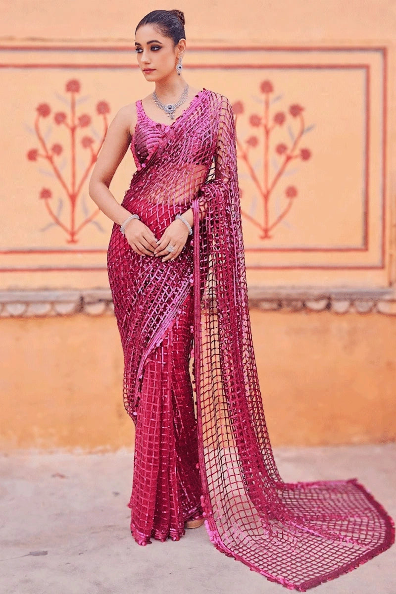 Maroon Colour Square Design Sequence Saree For Girls - Anaya Designer ...