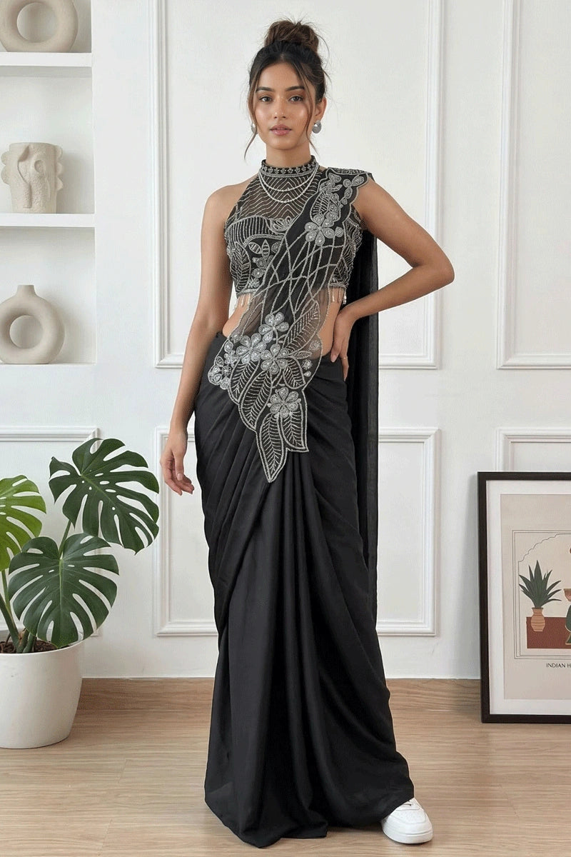stylish black party wear saree