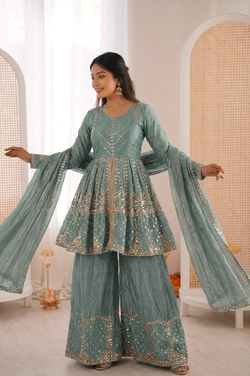 stylish plazo suit with embroidery