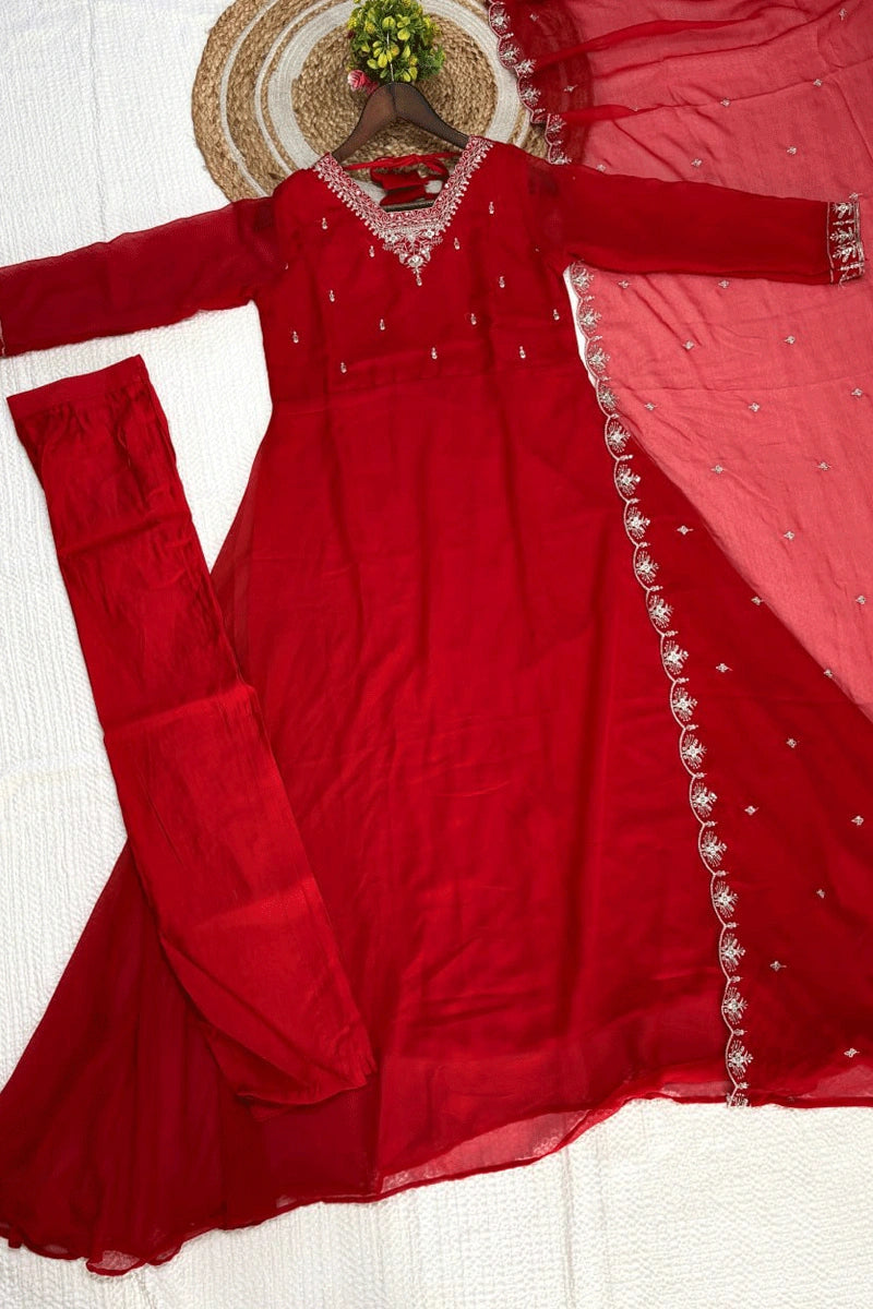 stylish red long anarkali suit