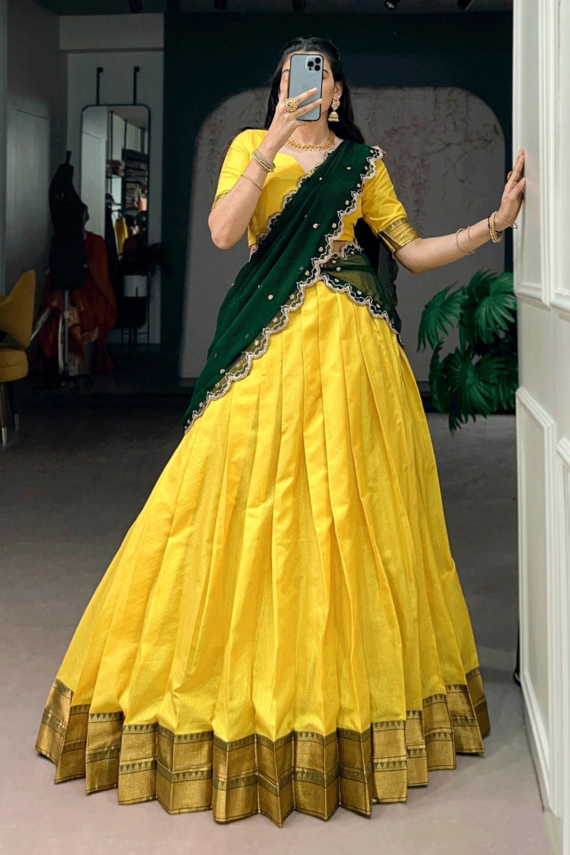 stylish yellow color pattu pavadai half saree