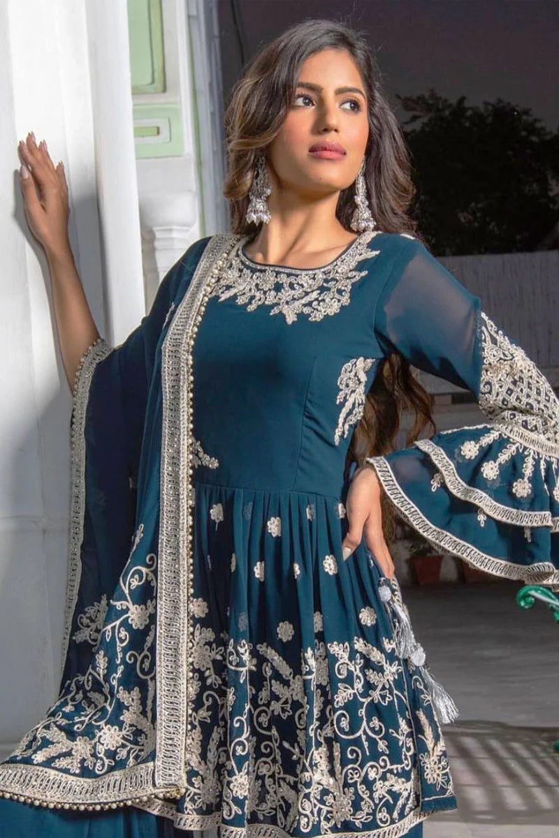 teal color sharara suit