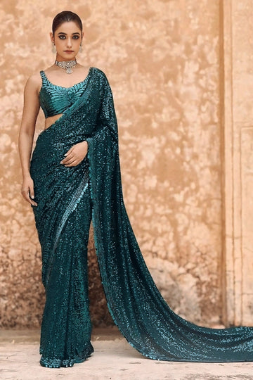 teal colour party wear look sequence saree