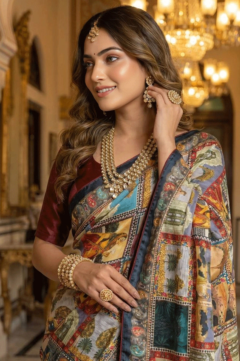 rajwadi print mirror work saree