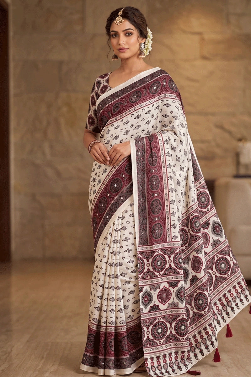 traditional silk mirror work saree