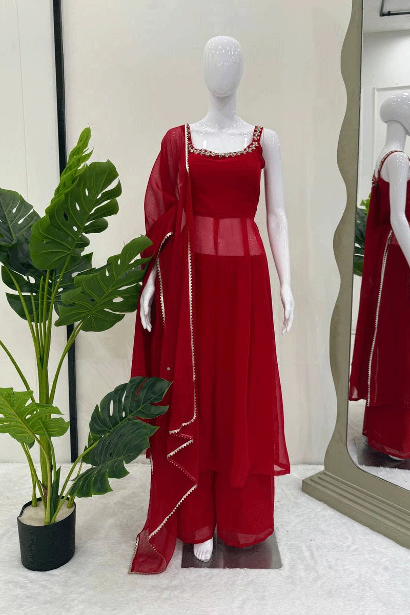 trendy red plazo suit design