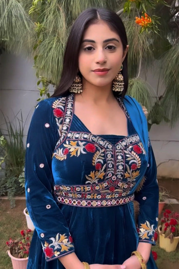 Beautiful Designer Blue Velvet Gown For Wedding 2023 - Anaya Designer Studio