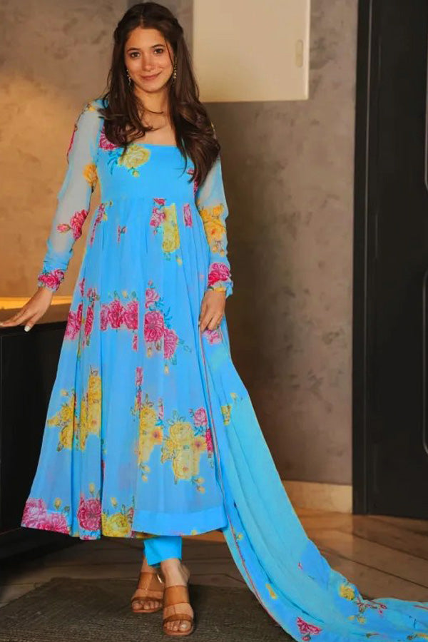 Designer Sky Blue Anarkali Gown For Wedding Reception - Anaya Designer Studio