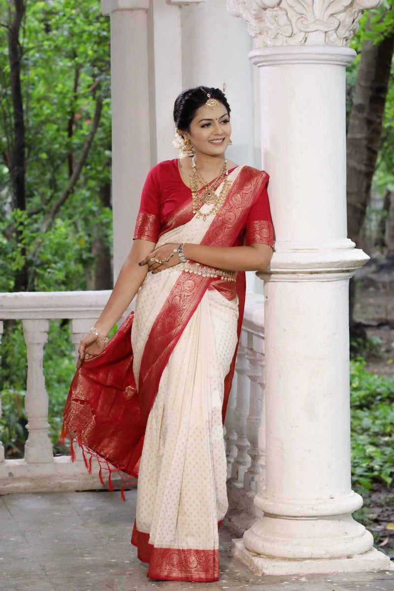 Wedding Look White And Red Colour Silk Saree