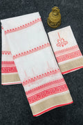 white and red durga puja saree