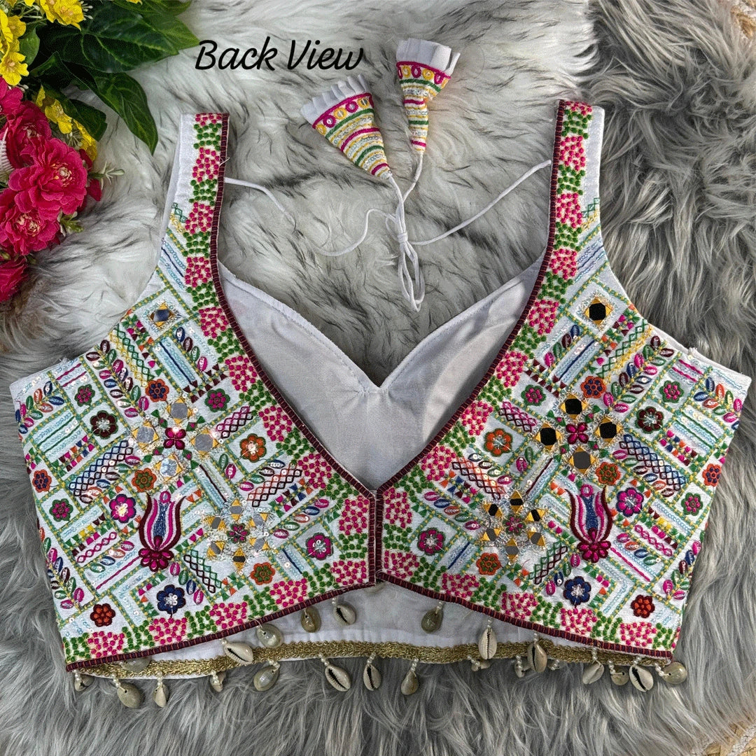 white gamthi work blouse for garba