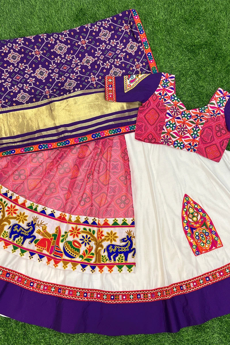 white lehenga with purple dupatta for women