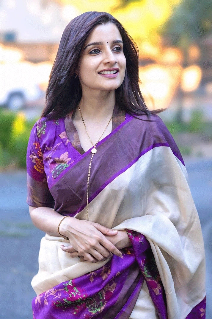 white and purple saree