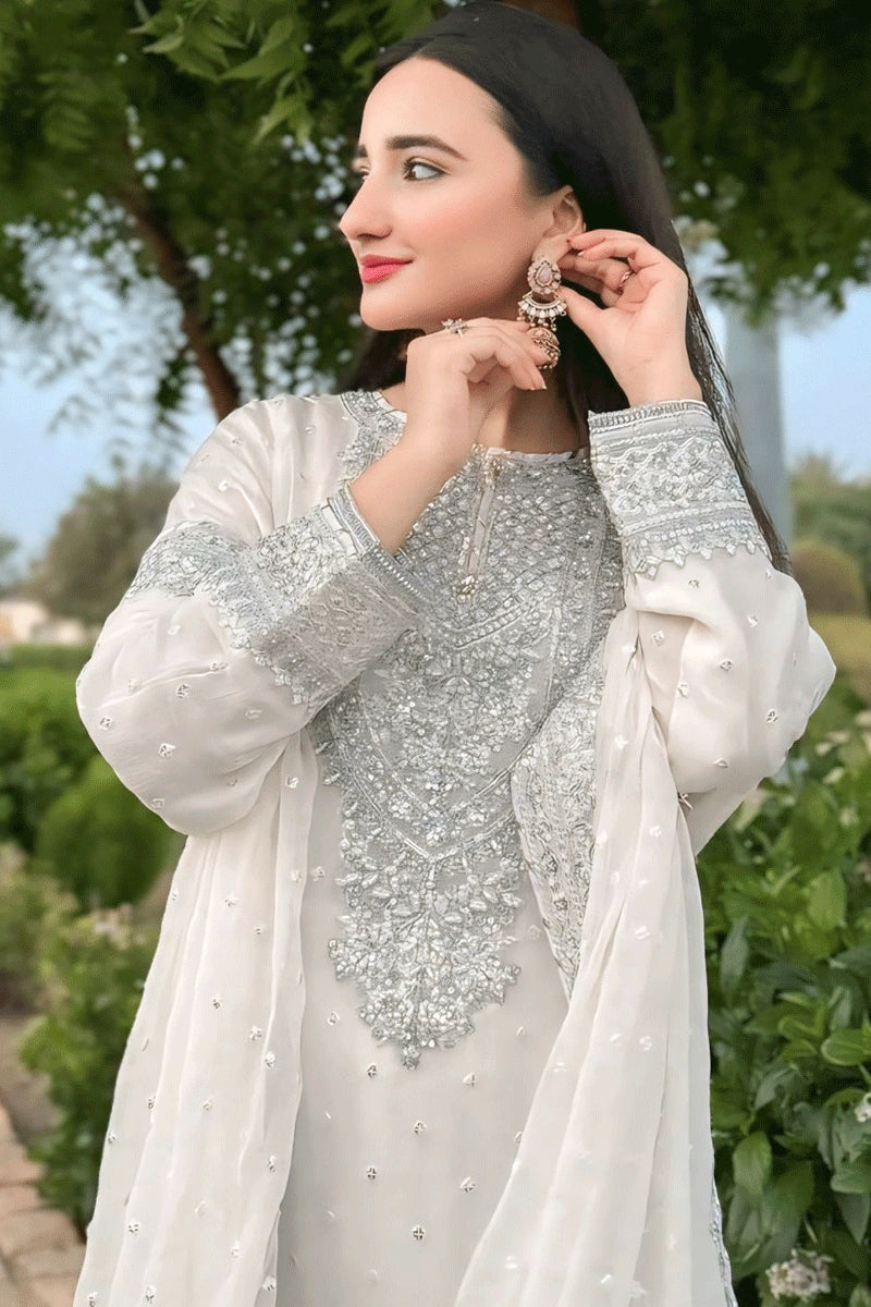 white embroidery sharara suit