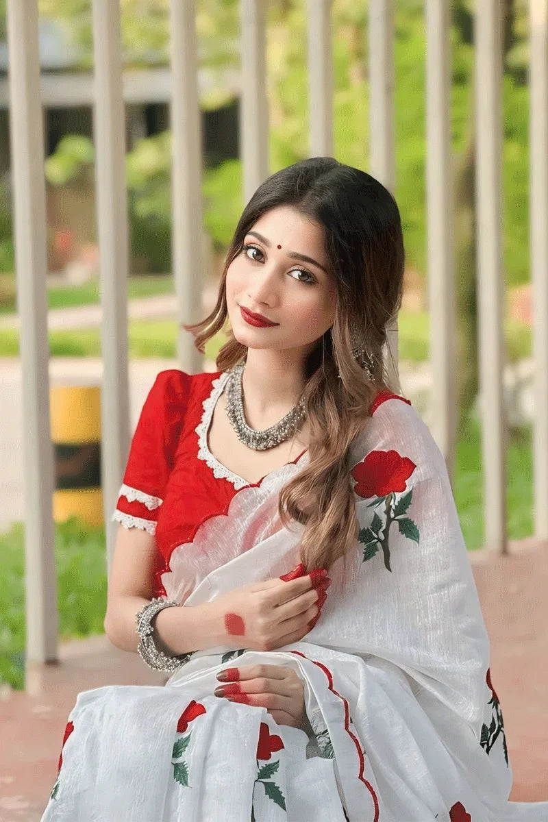 white net saree with red roses