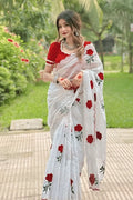 white saree with red rose embroidery