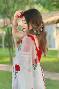 white saree with red roses